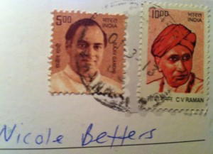 Stamps from India, on a postcard from Adam at The Happiness Plunge. 